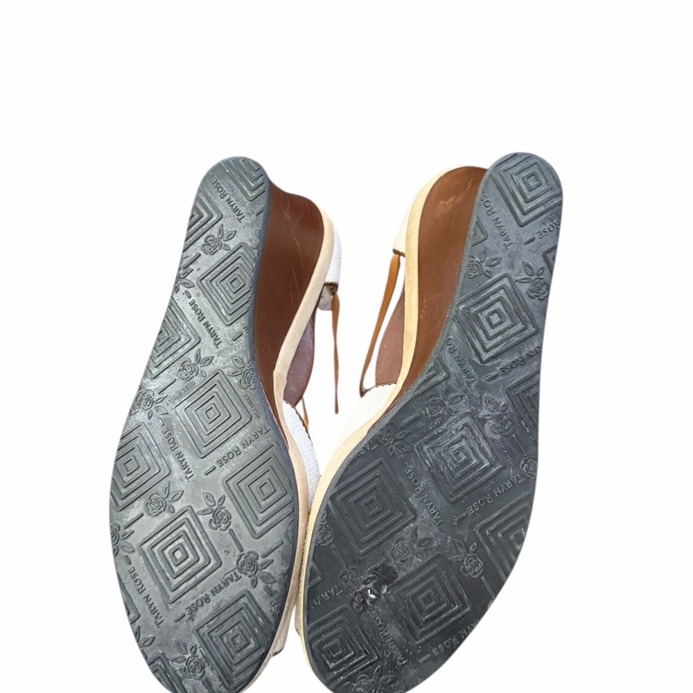 Taryn Rose Tan Leather/Cream Textured Fabric Wedge Sandals 8.5 Made in Italy - Picture 6 of 10